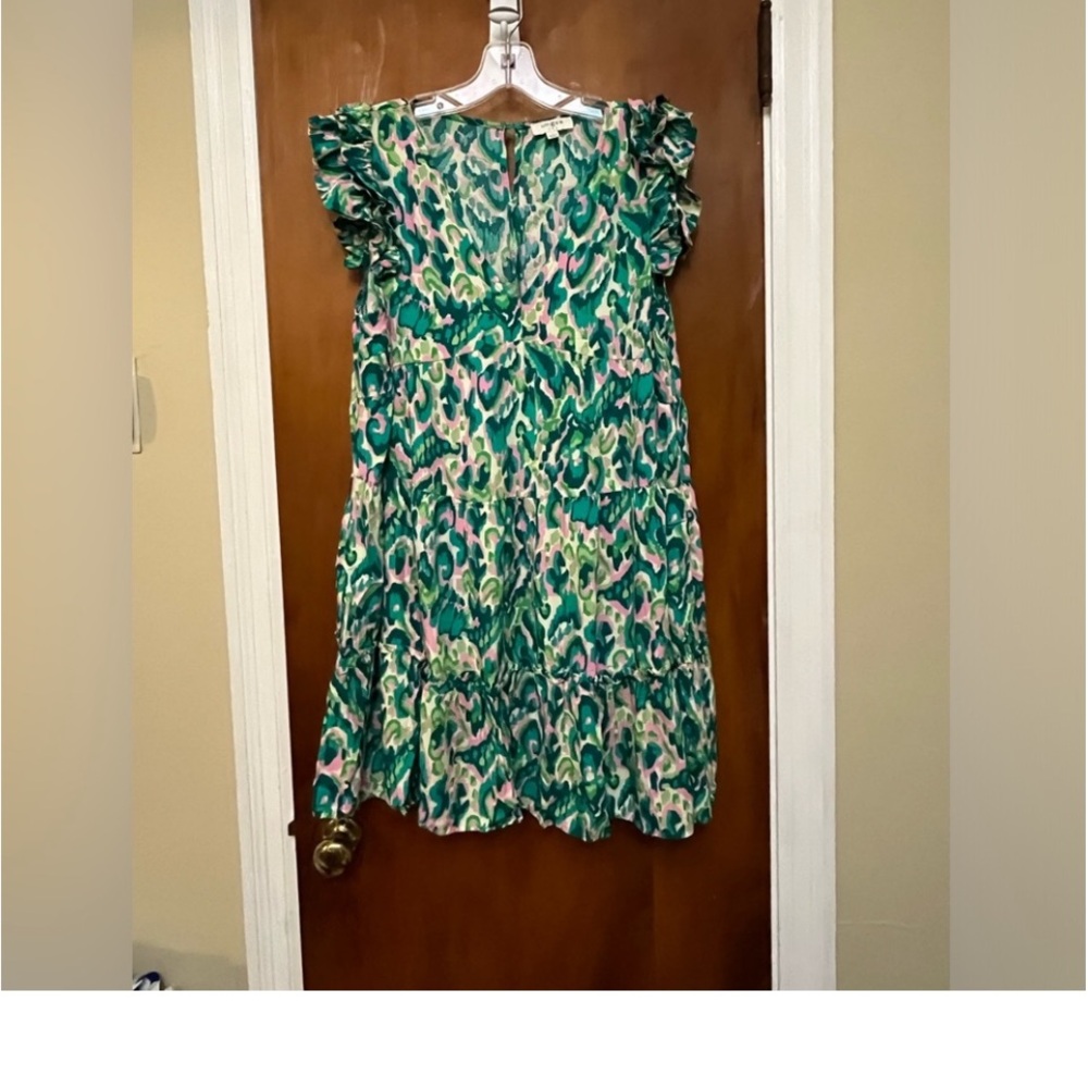 Umgee Green & Pink Abstract Print Ruffle Sleeve Dress